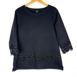 FINAL SALE Talbots Black Metallic Fleck Lace Trim 3/4 Sleeve Top medium
